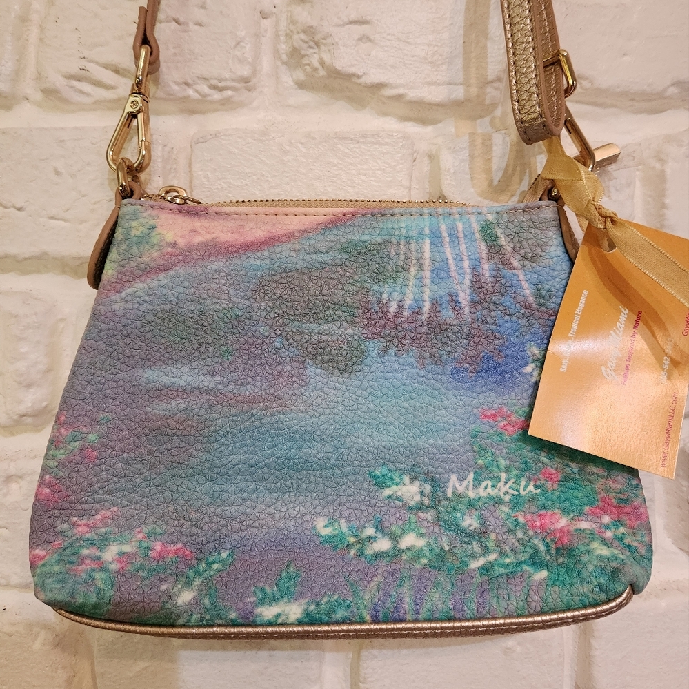 Gavy Miami NWT Tropical Painting On Faux Gold Leather Adj Crossbody Purse